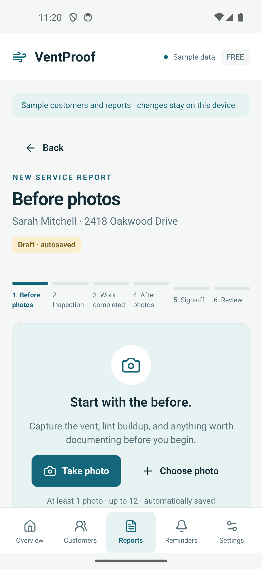 VentProof before-photo capture step in a sample service report